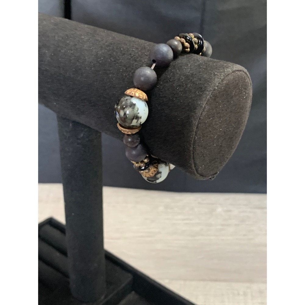 Boho Beaded Stretch Bracelet Matte Black Marbled Stone Bronze Accents 7 Inch